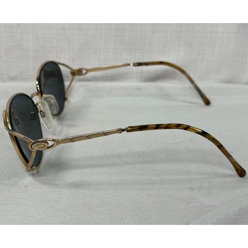 Vintage Gold Metal Oval Sunglasses with Tortoise Temples and Case